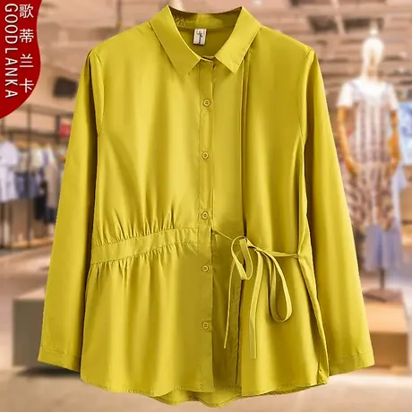 加肥加大码中年胖妈妈秋装衬衣新款时尚抽绳收腰女士纯棉长袖衬衫商品大图
