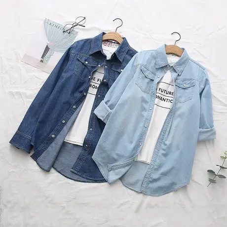 2020春秋新款韩版中长款长袖衬衣学生宽松显瘦百搭上衣牛仔衬衫女图片