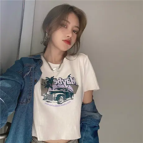 韩版ins印花T恤女夏季宽松短款露脐chic港味2023年新款短袖上衣潮商品大图