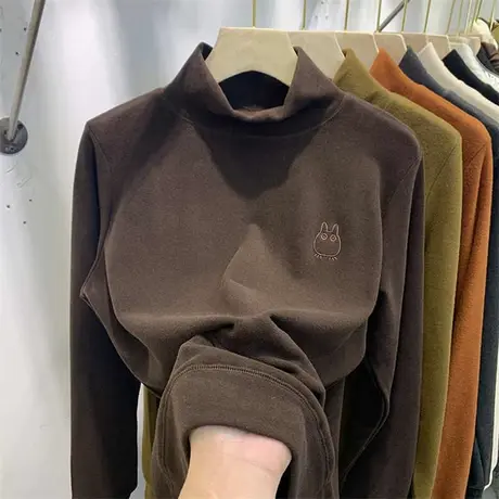 欧货磨毛长袖t恤女半高领德绒打底衫2022秋装新款内搭洋气上衣潮商品大图