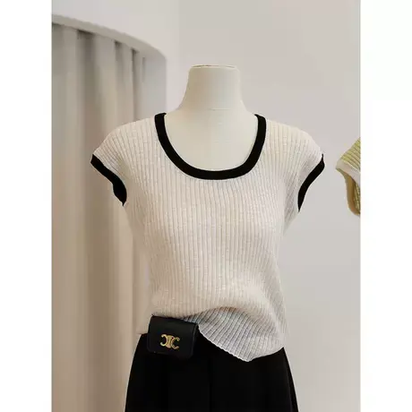 2023套头百搭飞飞袖正肩针织衫韩版修身拼色圆领薄款T恤上衣短袖商品大图