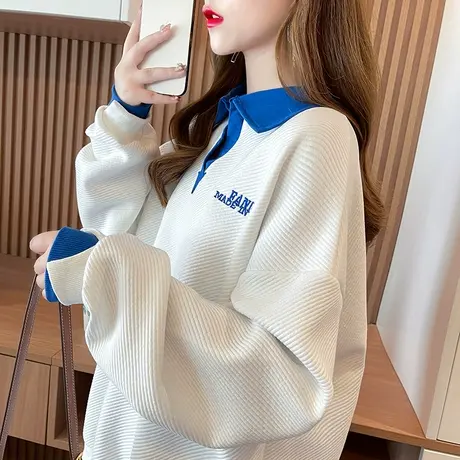 华夫格卫衣女春秋季韩版宽松设计感小众薄款翻领假两件上衣外套潮图片