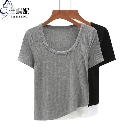 夏季新款韩版圆领假两件短款纯欲修身纯棉纯色短袖体恤上衣内搭女商品大图