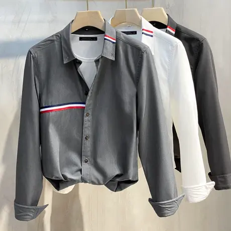 21春秋衬衫男长袖韩版潮流高端衬衣免烫高级感丝光条纹休闲寸衫男商品大图