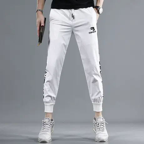 夏季冰丝休闲裤男2023新款白色修身束脚时尚刺绣印花男士弹力裤子商品大图