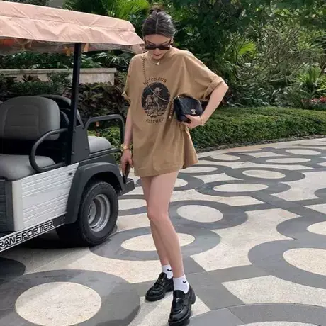 大码宽松T恤女装夏季新款胖mm美式半袖休闲印花短袖体恤上衣200斤商品大图