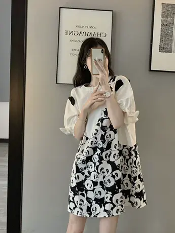 胖mm大码女夏装洋气减龄遮肚子显瘦连衣裙子设计感短袖T恤裙200斤商品大图
