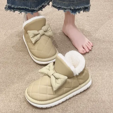 蝴蝶结棉拖鞋女冬季可外穿棉靴加绒加厚保暖厚底防滑高帮包跟棉鞋图片