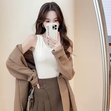 唐狮秋冬季吊带背心女加绒法式针织无袖背心吊带黑色内搭打底衫潮图片
