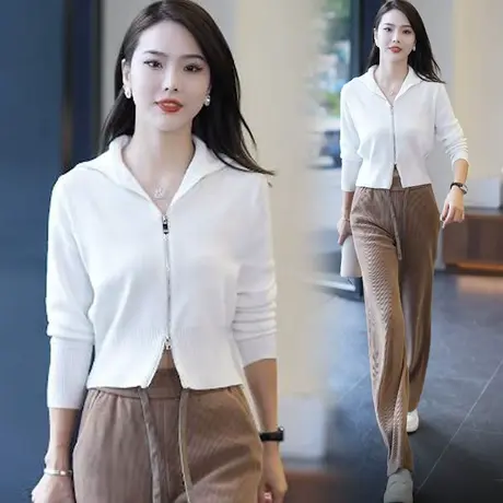 条纹针织衫女春秋款2023年新款圆领薄款长袖上衣时尚修身开衫外套图片