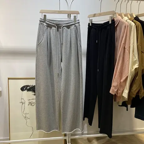 秋季韩版百搭纯色毛圈棉卷边阔腿拖地长裤女抽绳松紧高腰休闲裤潮商品大图