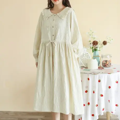 胖妹妹春装棉质的米色宽松连衣裙加大码2023新品收腰长裙200斤女商品大图