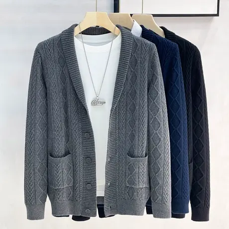 纯棉秋冬高端青果领开衫男英伦复古轻熟商务针织衫翻领毛衣外套男商品大图