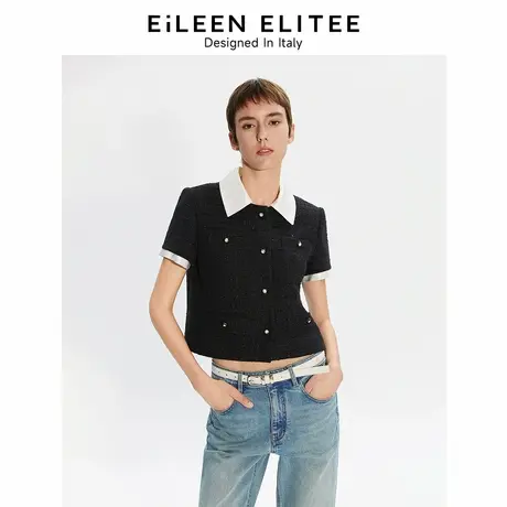 朗姿欧洲EiLEEN ELITEE2025年夏季新款黑白撞色小香风法式短外套图片