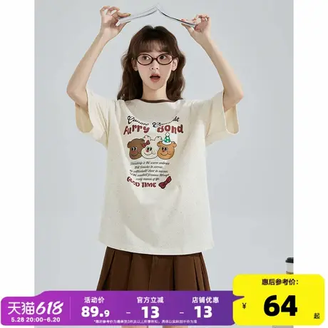 唐狮2025女新款短袖T恤圆领纯棉字母印花休闲撞色减龄宽松上衣商品大图