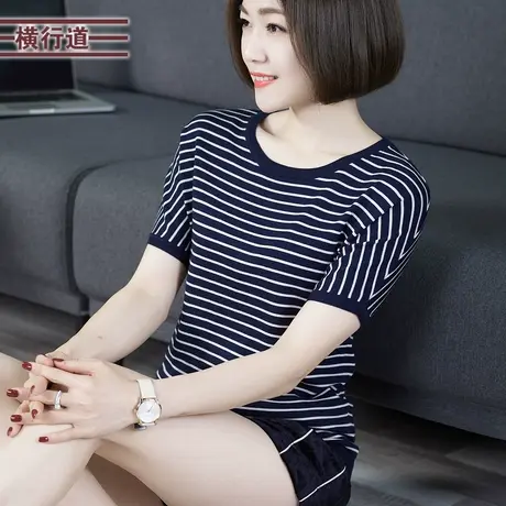 韩版女装韩版条纹圆领针织衫蝙蝠袖宽松打底衫夏装上衣服半袖短袖商品大图