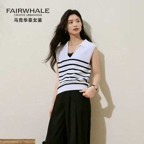 马克华菲POLO领无袖针织背心女2025夏季新款宽松坎肩条纹V领上衣图片