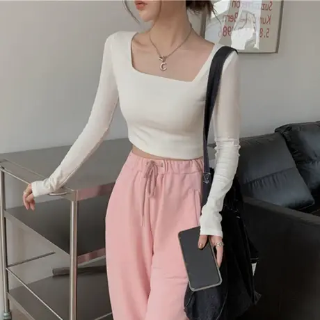 方领打底衫长袖t恤女ins潮设计感小众不规则修身短款内搭上衣早秋商品大图