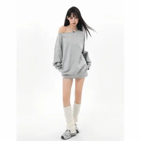 美式灰色露肩斜领卫衣女秋季高级感慵懒风一字肩长袖上衣早秋穿搭商品大图