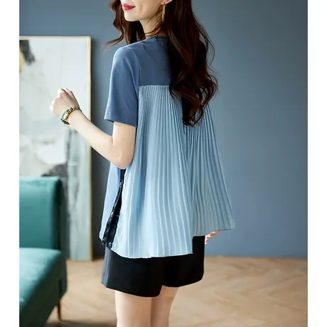 宝诗黎圆领百褶雪纺拼接T恤女夏季短袖设计感宽松上衣2023年新款商品大图