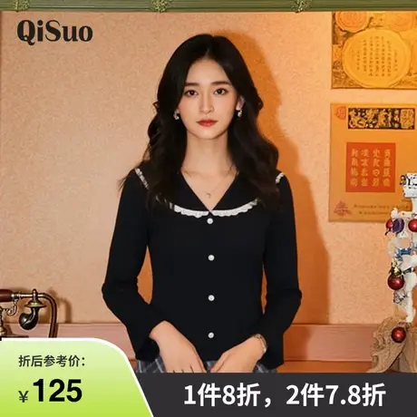 绮娑女装2025年秋季新款大码胖MM上衣娃娃领宽松显瘦遮肉针织衫商品大图