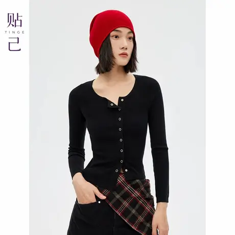 TINGE贴己不对称长袖小开衫修身可机洗针织衫女秋冬25年新款上衣商品大图