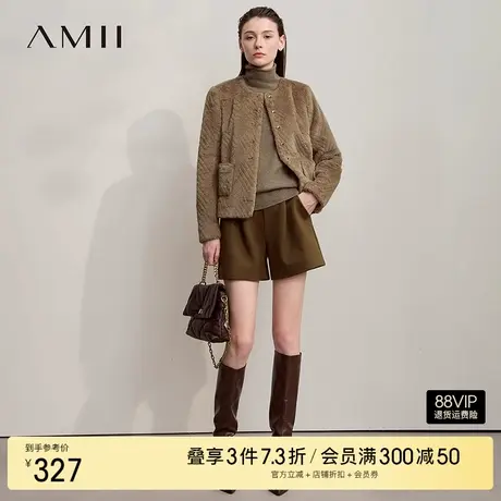 Amii2025秋新款轻奢温暖圆领肌理感毛绒外套女金属纽扣箱型上衣商品大图