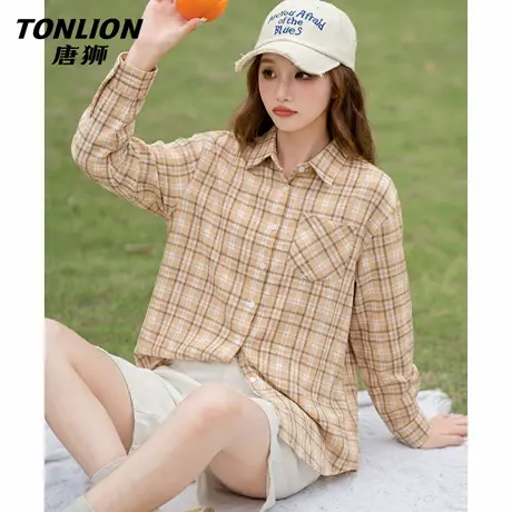 唐狮官方格子长袖衬衫女2026新款女款宽松显瘦慵懒风外搭衬衣女VB商品大图
