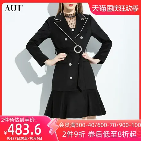 AUI黑色设计感高级毛呢大衣女冬2022新款气质荷叶边修身呢子外套商品大图