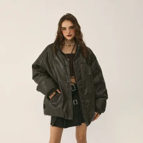 复古潮牌PU皮棉服女加厚冬季外套2023年新款立领防风宽松保暖棉衣商品大图