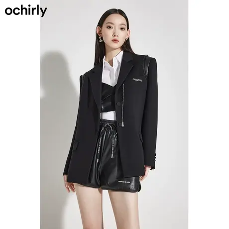 【百亿补贴官方直播】欧时力BF风西装外套秋装饰链PU皮拼接图片