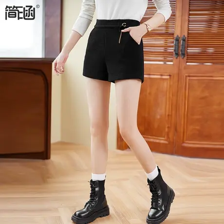 简涵大码2023秋冬新款黑色高腰毛呢短裤加肥加大外穿显瘦易搭靴裤商品大图