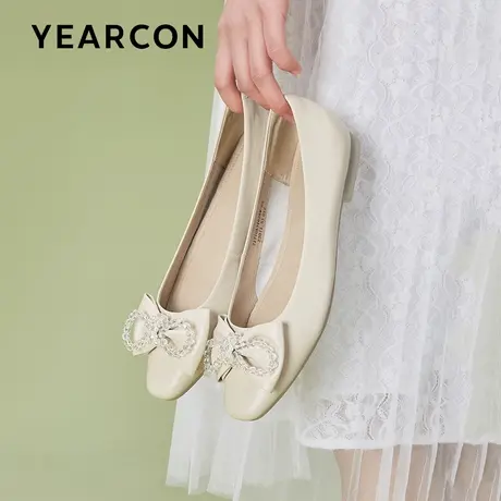 意尔康真皮软底浅口单鞋女2024春季新款气质一脚蹬平底方头豆豆鞋商品大图