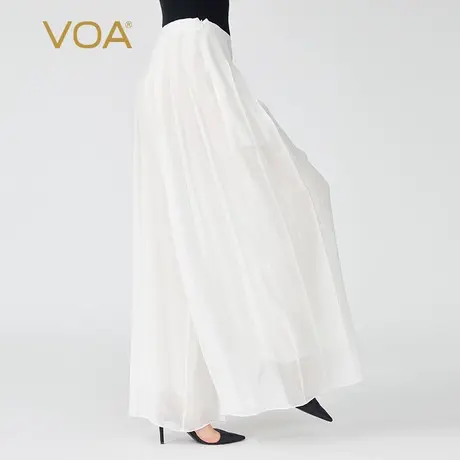 VOA真丝乔其纱茶白自然腰隐形侧拉斜插口袋褶皱长款桑蚕丝阔腿裤图片