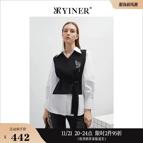 YINER音儿女装春季时尚撞色假两件飘带尖领衬衫上衣商品大图