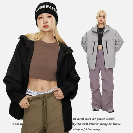 复古户外连帽冲锋衣女春秋2023新款宽松oversize运动外套潮牌夹克商品大图
