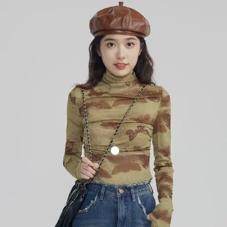 尔给小众修身长袖内搭半高领打底衫女2023春秋新款气质短款上衣商品大图