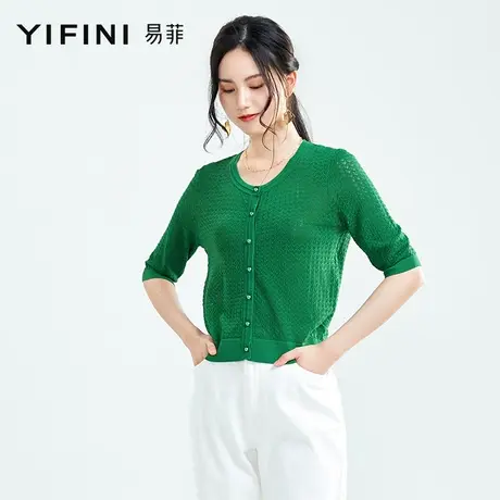 Yifini/易菲圆领宽松薄款针织衫女五分袖复古港味T恤夏季新款商品大图