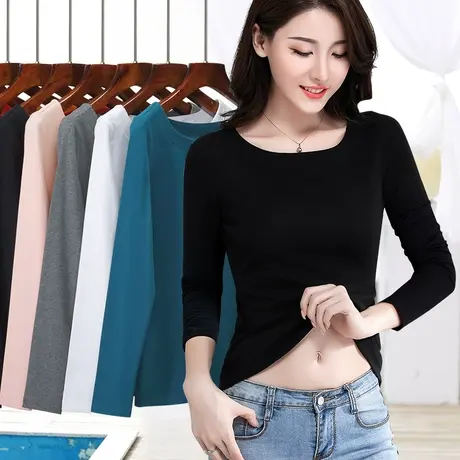 白色t恤女长袖纯色修身一字领打底衫女白色春季新款上衣女装韩版图片