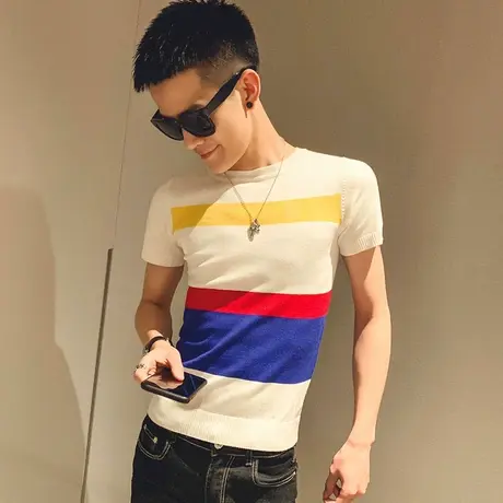 夏季男士针织衫短袖T恤网红社会小伙潮牌条纹ins潮流半袖les帅T商品大图