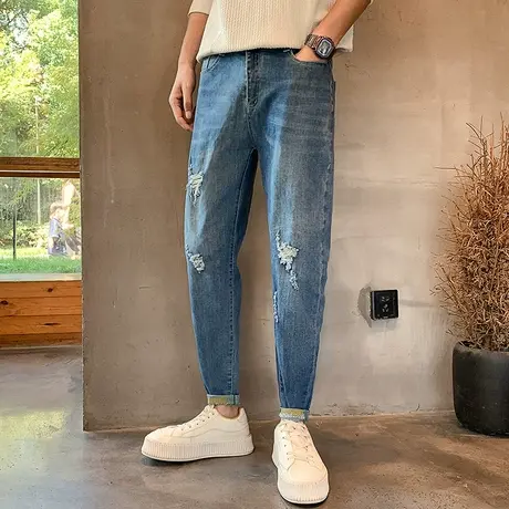 2023秋季破洞设计感牛仔裤潮流韩版弹力修身小脚裤休闲百搭哈伦裤商品大图