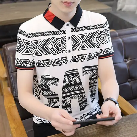 夏季男士短袖T恤韩版潮流印花男装上衣服个性百搭帅气Polo衫丅桖商品大图