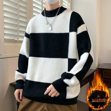 加绒加厚毛衣男秋冬季潮牌日系针织衫撞色大码宽松内搭青少年线衣商品大图