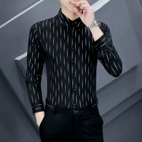 长袖衬衫男士春秋季韩版潮牌烫金印花痞帅气高端免烫条纹修身衬衣商品大图