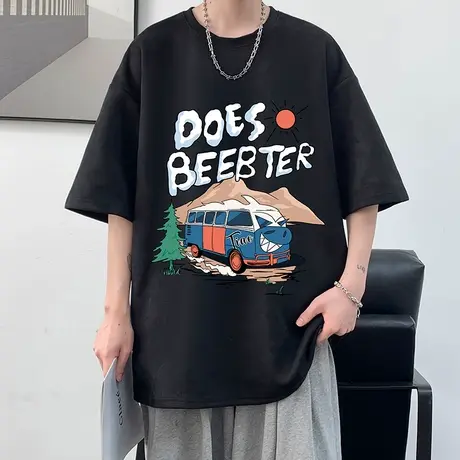 黑色短袖t恤男夏季薄款大码宽松半袖上衣青少年潮牌卡通印花体恤商品大图