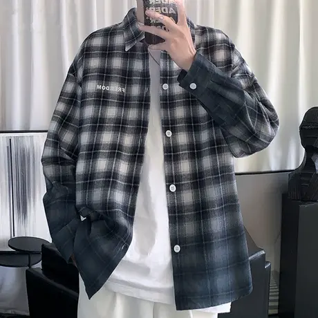 晕染渐变色衬衫男长袖新款外套男士春秋季休闲宽松格子港风衬衣服商品大图