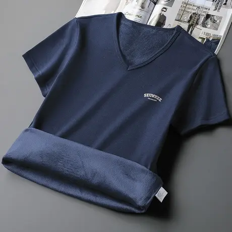 加绒加厚保暖t恤男士短袖潮流V领上衣服秋冬季内搭打底衫半袖体恤商品大图