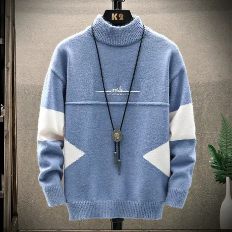 半高领毛衣男潮流青少年中领秋冬季韩版加绒加厚款保暖打底针织衫商品大图