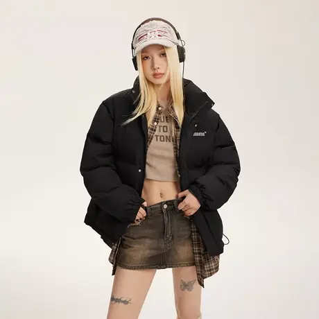 黑色潮牌两穿保暖棉服女冬季加厚外套2023新款复古宽松面包服棉衣商品大图