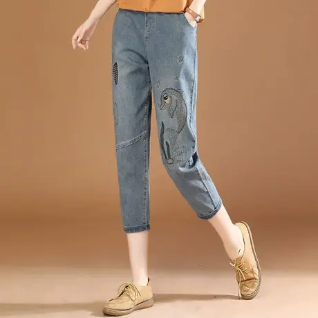 韩潮袭人松紧腰刺绣牛仔九分裤女2023夏新款宽松休闲小脚哈伦裤薄图片